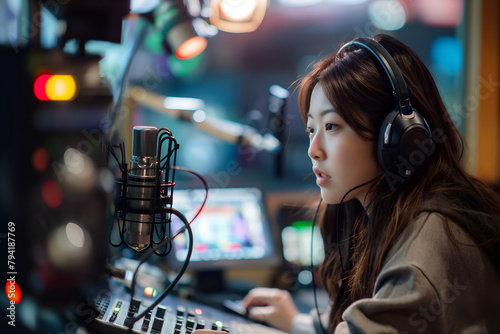 Korean Woman Working At Radio Station, Female DJ, Broadcasting Station, Audio Mixer, Sound Engineer, Radio Host