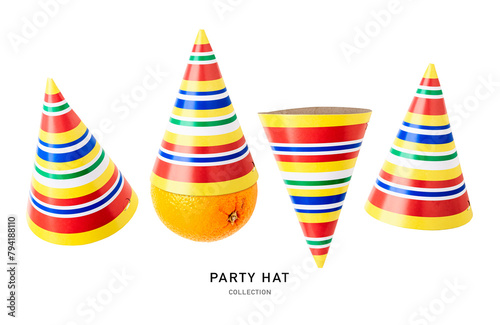 Colorful party birthday hat and orange fruit set isolated on white background. © ifiStudio