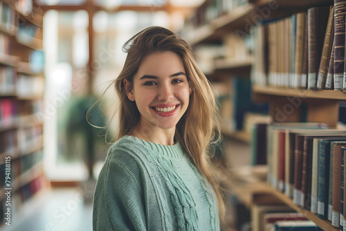 Happy Smiling Young Student Walking Indoors In University Campus, Female Wearing Jumper, Looking Around The Library, Searching For Textbooks & Lecture