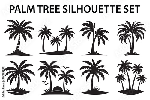 Palm tree Silhouette Set, set of black silhouettes of a palm tree, silhouette of a palm tree isolated