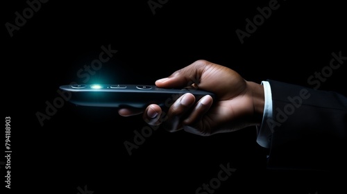Convenient technology theme in an advertising photo of a hand holding a remote control, sleek black background, emphasizing ease of use photo