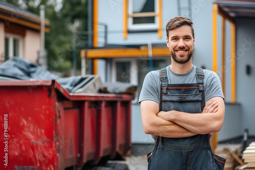 A Happy Handyman Wearing An Overall Standing In Front A The House With A Red Construction Dumpster, Construction Site