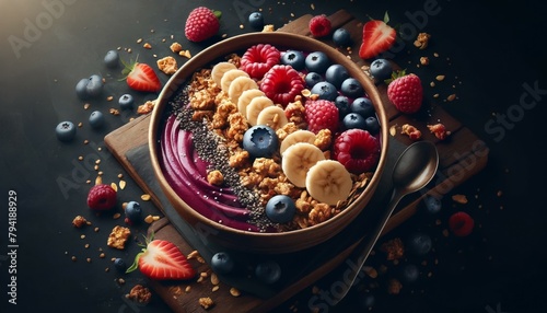 A realistic image of an Acai Bowl, filled with acai berry blend and topped with fresh fruits, berries, banana slices, granola, and sprinkled with chia seeds or coconut flakes