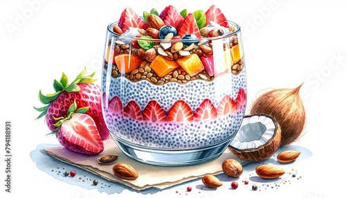 A watercolor painting of Chia Seed Pudding, depicting the pudding with fruit layers and nut or coconut garnish in a vibrant, artistic style, emphasizing its nutritional value and visual appeal
