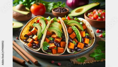 A realistic image of Sweet Potato and Black Bean Tacos, with roasted sweet potatoes, black beans, avocado, cilantro, and tomatoes, showcasing the dish's vibrant colors and flavors  © Cad3D.Expert