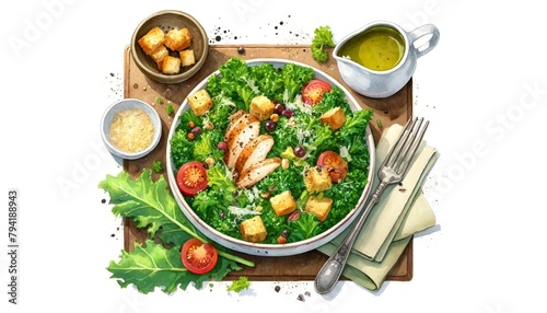 A watercolor painting of Kale Caesar Salad, artistically depicting kale, dressing, croutons, Parmesan, and optional chicken or tofu, in a vibrant and fresh presentation
