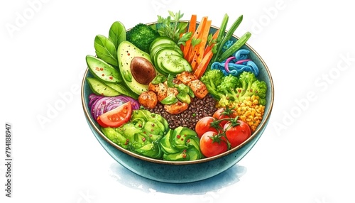 A watercolor painting of a Buddha Bowl, artistically showcasing a mix of quinoa, vegetables, avocado, and protein in a colorful and appetizing arrangement
