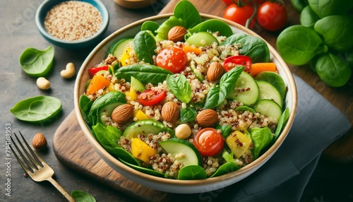 A realistic image of a Quinoa Salad, featuring cooked quinoa, mixed vegetables, nuts, and a light dressing, presented in a vibrant and healthy manner
