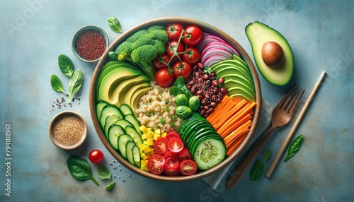 A realistic image of a Buddha Bowl, featuring quinoa, fresh vegetables, avocado, and a protein source, arranged in a vibrant and healthy bowl

