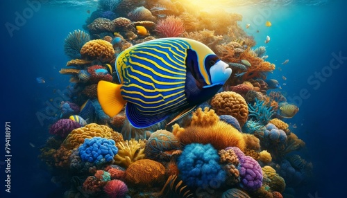 A realistic image of an Emperor Angelfish (Pomacanthus imperator) in a coral reef, displaying its vibrant blue and yellow stripes and elegant patterns
 photo