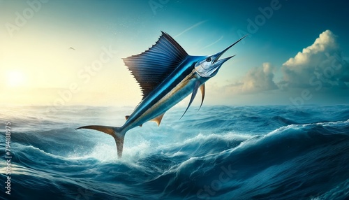 A realistic image of a Sailfish (Istiophorus) in the ocean, highlighting its long dorsal fin and streamlined body, showcasing its speed and agility
 photo