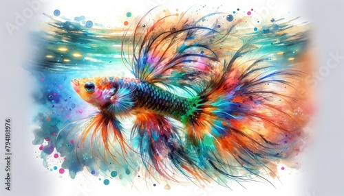 A watercolor painting of a Guppy  Poecilia reticulata  in an aquarium setting  emphasizing its colorful appearance and dynamic environment 