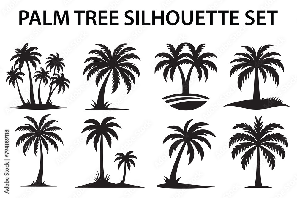 Palm tree Silhouette Set, set of black silhouettes of a palm tree, silhouette of a palm tree isolated
