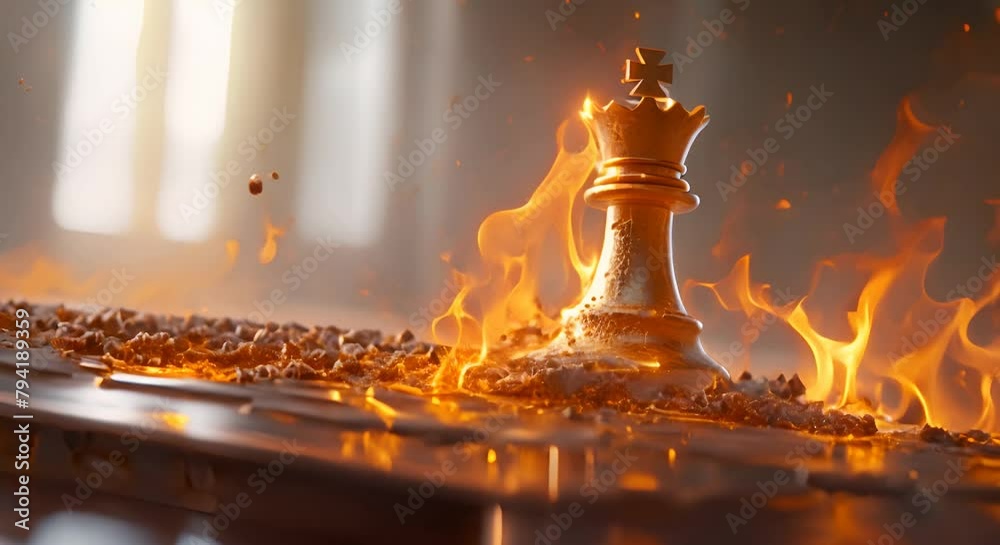 A golden chess queen standing on a chessboard, with an explosion of fire and debris around it.
A golden chess queen standing on a chessboard, with an explosion of fire and debris around it.