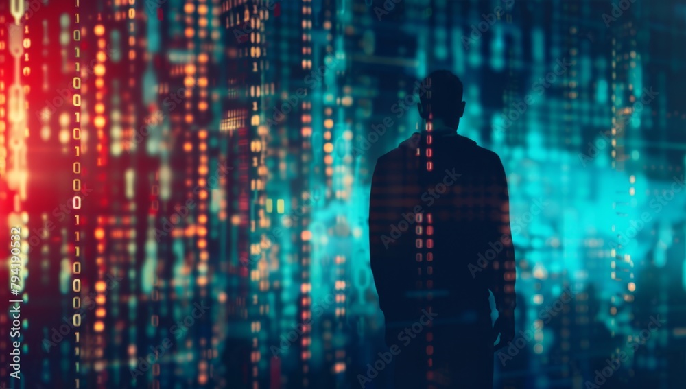 Hacker silhouette on computer screen with binary code background, data security concept Generative AI Hacker silhouette on computer screen with binary code background, data security concept Generative AI