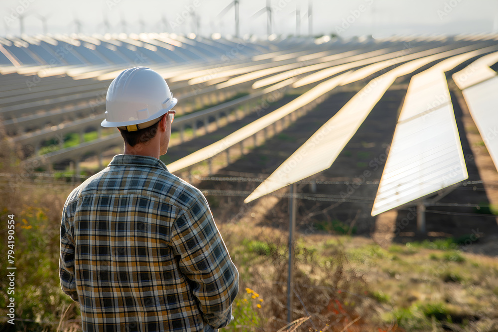 Engineer Looking At A Solar Park, Solar Photography, Solar Powered Clean Energy, Sustainable Resources, Electricity Source