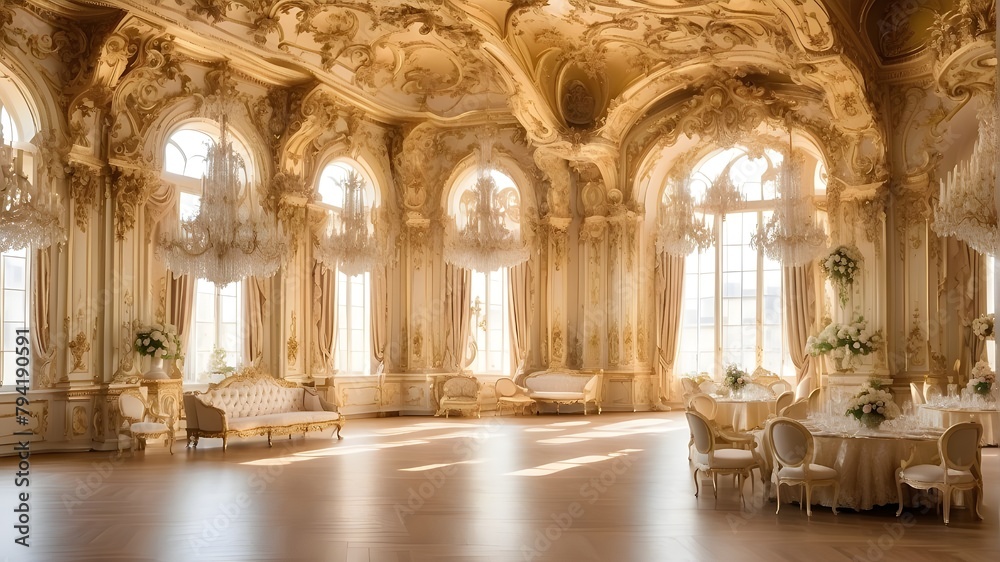  Majestic Golden Ballroom Interior with Opulent Baroque Decorations Bathed in Sunlight. The image should capture the grandeur and elegance of a luxurious ballroom with intricate baroque decorations. T