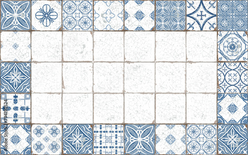 Bild auf Leinwand Mediterranean style ceramic tiles with cracked and scuffed seams with Portuguese symbols in rectangular frame