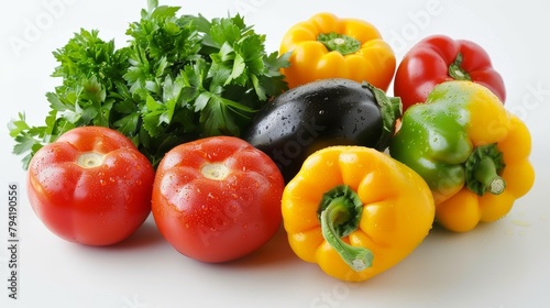 Assortment of fresh colorful vegetables including tomatoes, bell peppers, parsley, and eggplant. Healthy food and cooking ingredients concept for poster, banner with copy space