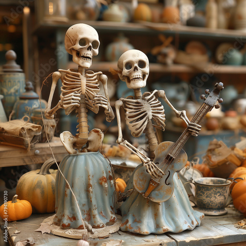 Artistic collage: holiday of the dead. skeleton playing a musical instrument.