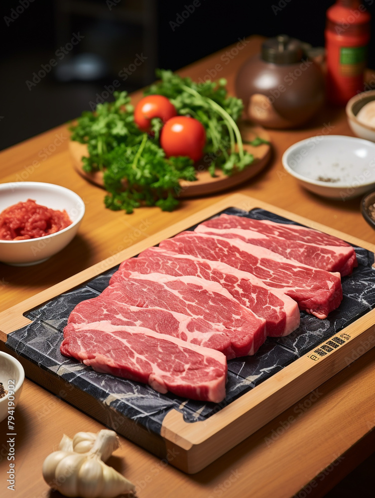 wagyu meat Japanese juicy cheese on the table сreated with Generative Ai wagyu meat Japanese juicy cheese on the table сreated with Generative Ai