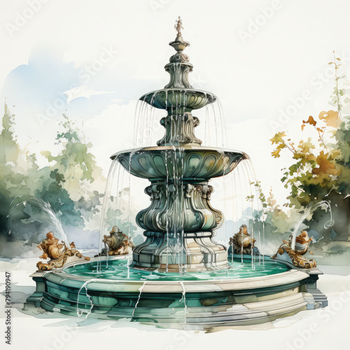 Watercolor Antique Fountains Illustration, Generative Ai