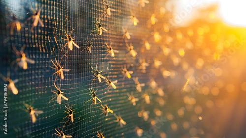 many mosquitoes on insect net wire screen close up, generative ai, generative ai