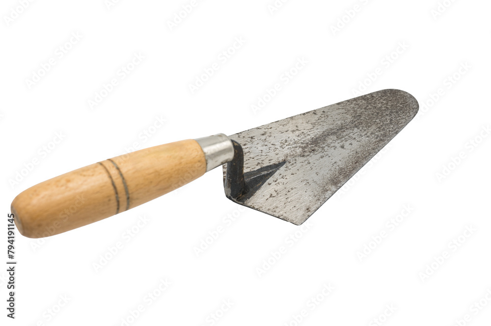 Rear view of a classic steel masonry trowel with wooden handle on white background. It is a construction and works tool that is used, has signs of use and deterioration.