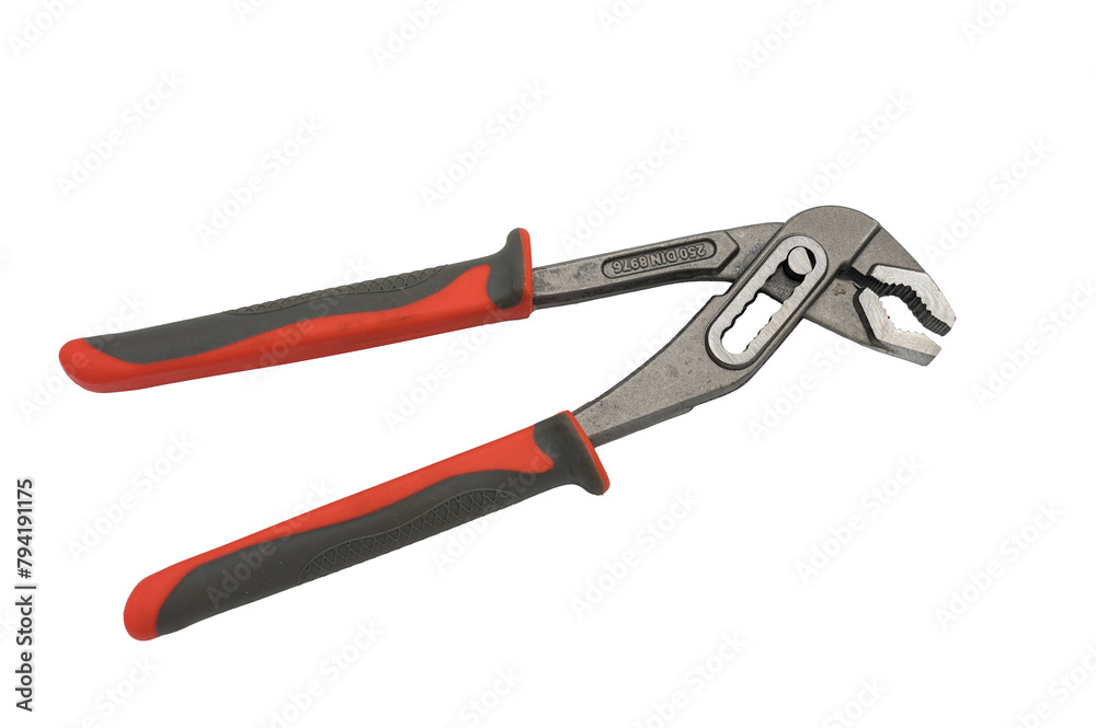 Detail of some parrot beak pliers, they are adjustable multipurpose pliers on a white background. They have a comfortable black and red rubber grip Detail of some parrot beak pliers, they are adjustable multipurpose pliers on a white background. They have a comfortable black and red rubber grip