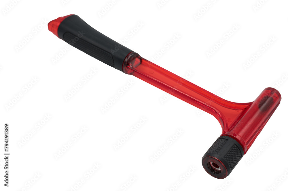 Detail of an inertia hammer to remove metal cartridges and bullets in general. Transparent red plastic tool on white background. Useful for reloading ammunition at home Detail of an inertia hammer to remove metal cartridges and bullets in general. Transparent red plastic tool on white background. Useful for reloading ammunition at home