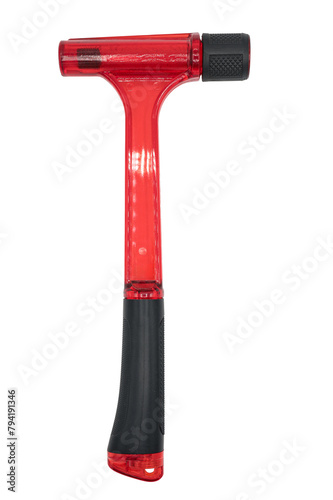 Detail of an inertia hammer to remove metal cartridges and bullets in general. Transparent red plastic tool on white background. Useful for reloading ammunition at home