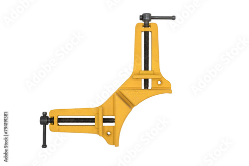 Detail of a corner clamp with holding square on a white background. It is a useful tool for joining pieces at an angle of 90º, it is yellow and has adjustment screws. photo
