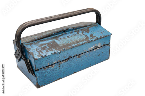 Detail of an old two-tier tool box on white background. It is a worn blue metal box with black handles.