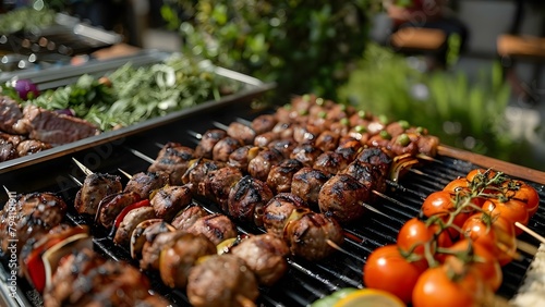 People gather at a buffet of grilled meat for festive events. Concept Outdoor Grilling, Festive Gatherings, BBQ Buffet, Social Events, Delicious Meats
