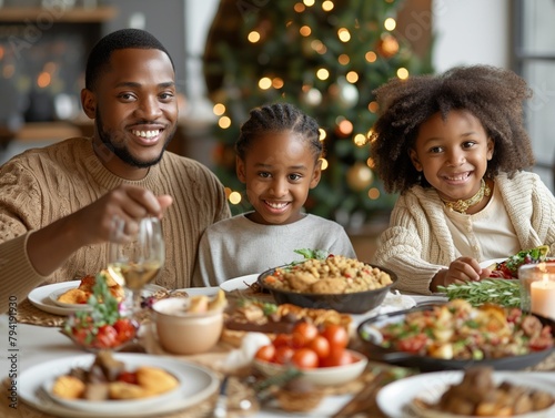 A family of three  a man and two children  are sitting at a table with a variety of food and drinks. The man is holding a wine glass  and the children are smiling. Scene is warm and festive