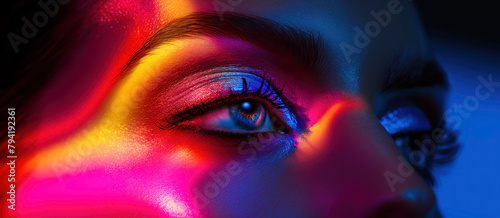 Vibrant neon makeup on woman s eye. Close-up of a female eye with colorful neon lights reflecting on the skin.
