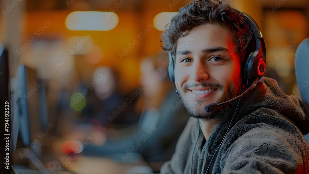 Man in call center providing customer support and consulting on FAQs. Concept Customer service, Call center support, FAQ consulting, Clients assistance, Problem solving