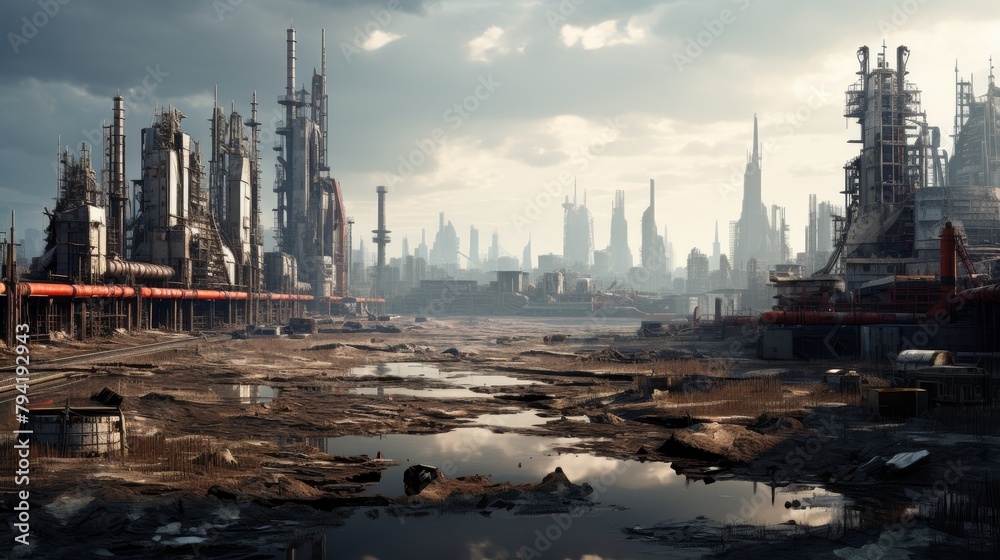 Imagine a post-apocalyptic city skyline dominated by colossal, sleek metallic towers piercing the polluted atmosphere Include advanced surveillance tech, augmented reality interfaces, and automated dr