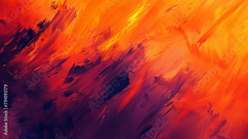 Angular strokes of fiery orange and deep plum blend seamlessly, forming a smoky abstract paint backdrop with dynamic energy.