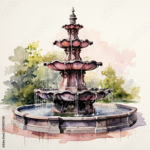 Watercolor Antique Fountains Illustration, Generative Ai