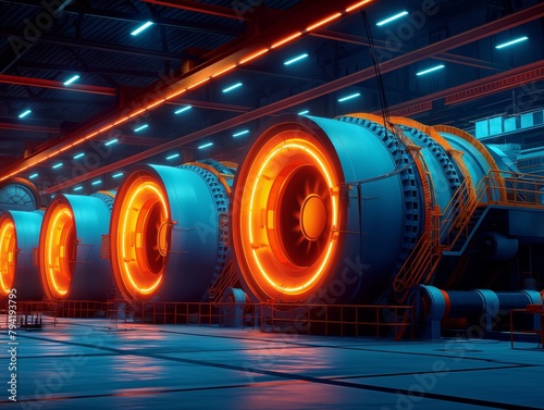 A series of large orange cylinders are lit up in a factory. The cylinders are arranged in a row and are surrounded by a blue background. The orange cylinders give off a warm, industrial feel