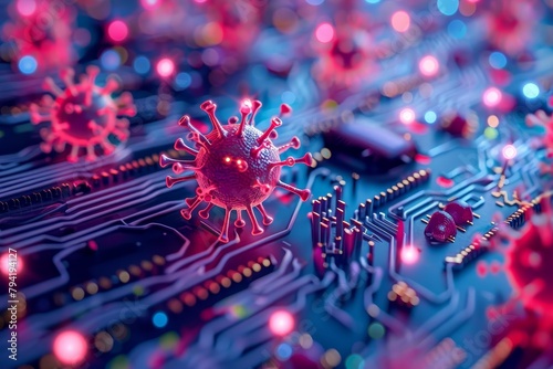 3d illustration of viruses inside electronic devices bokeh style background photo