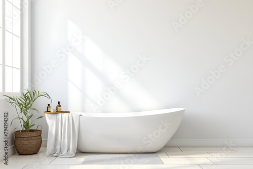 Interior Bathroom , Empty Wall Mockup In White Room With Bathtub And Decorations, 3d Render Real Room Template