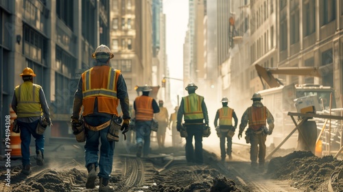 Coordinated labor: a construction crew on the move. worker's day photo