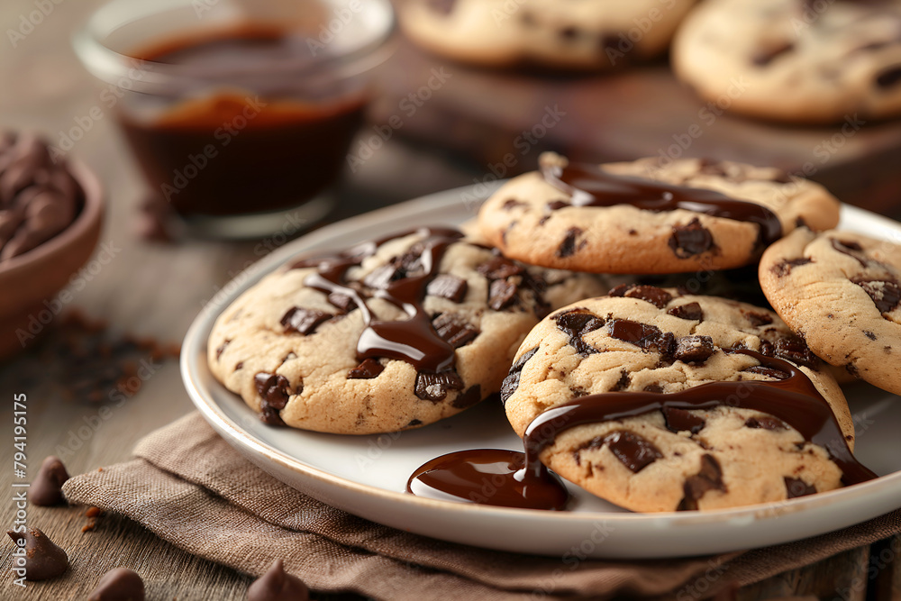 Chocolate Sauce Dripped On The Cookies, On Plate In Restaurant Interior, Dessert Food Photography, Dessert Menu Style Photo Image Chocolate Sauce Dripped On The Cookies, On Plate In Restaurant Interior, Dessert Food Photography, Dessert Menu Style Photo Image