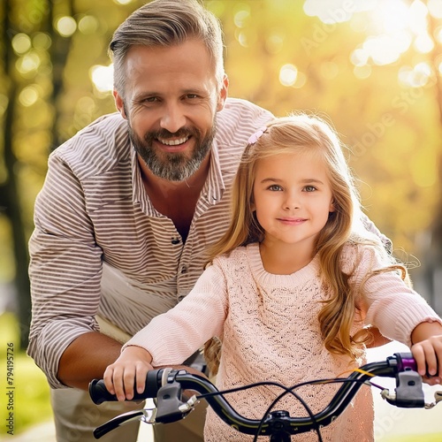 Ojciec uczący córkę jazdy na rowerze. Spędzanie czasu z dzieckiem, dzieciństwo © Monika