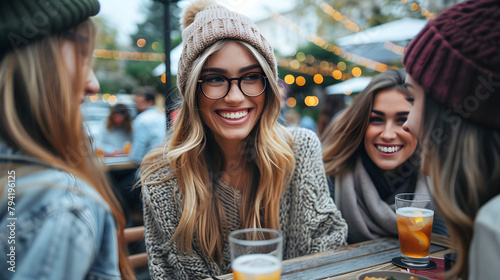 Happy female friends meeting outdoors at cafe, having fun and enjoying drinks