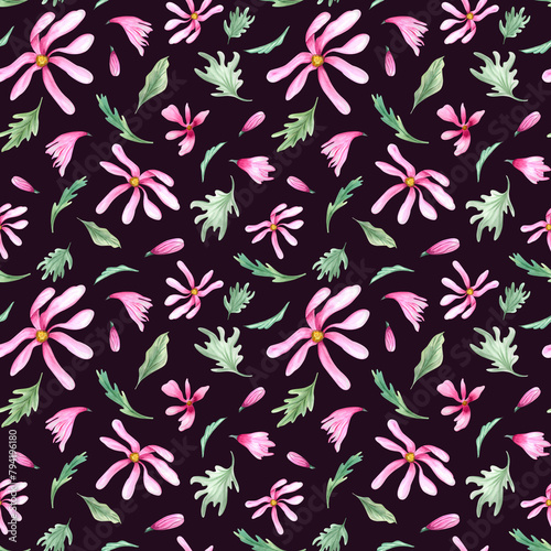 Abstract pink flowers and leaves. Seamless pattern of spring plants. Magnolia flower. Watercolor illustration isolated on black background. For textile, package, scrapbook