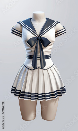 Female sailor costume uniform 3d designed, front view, ad mockup isolated on a white and gray background.
