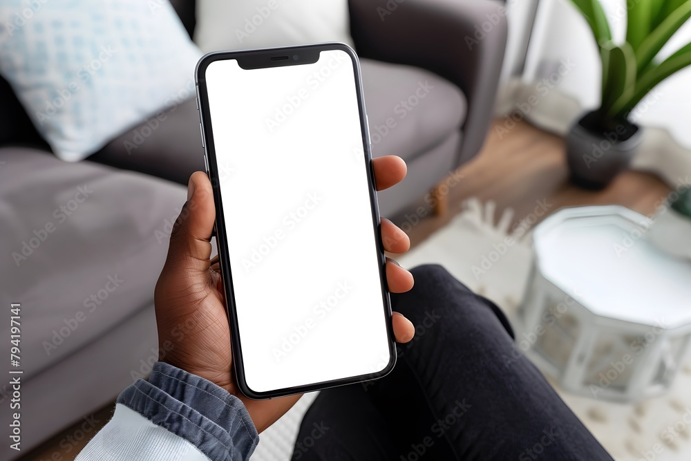 Man sitting and holding blank screen